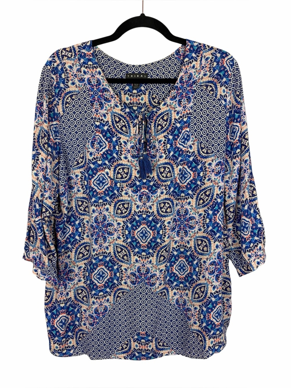 Tribal Blue Boho Paisley Tassel Blouse Large 100% Rayon Peasant Top